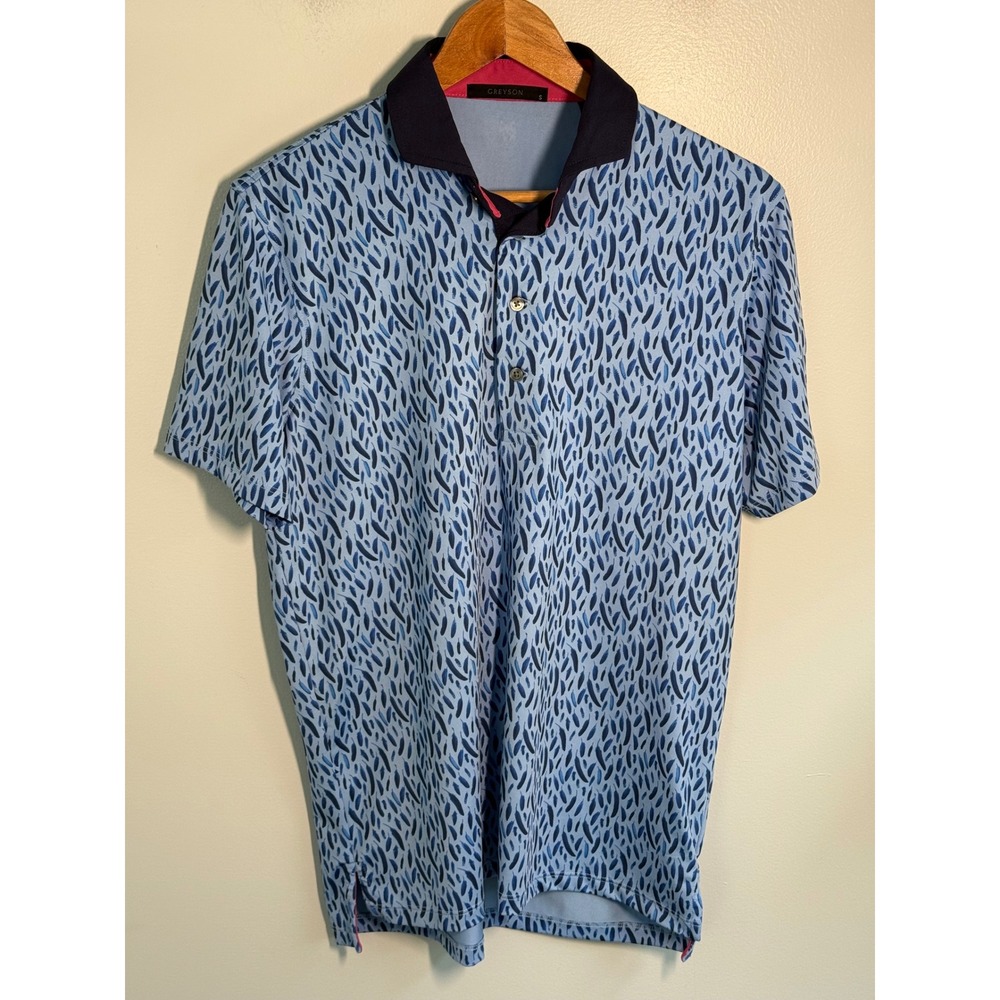 Greyson Clothiers Mens Blue Abstract Print Golf Polo Shirt Size Small Wolf Logo